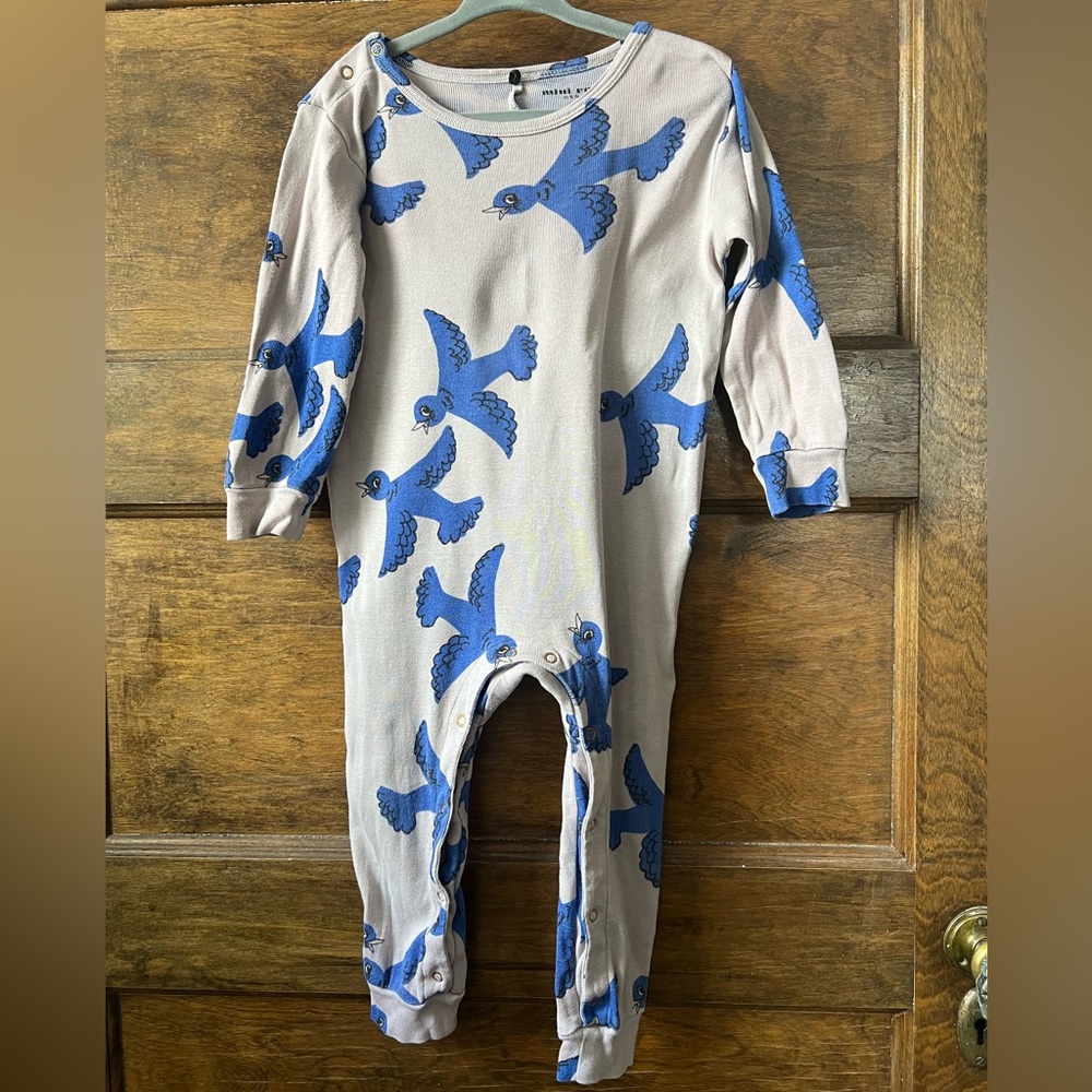 Mini Rodini | Gray and Blue Bird Print Onesie